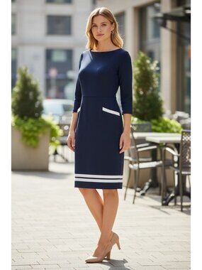 Talbots Navy Blue Stretch Nautical Summer Dress White Trim Size 8 Petite